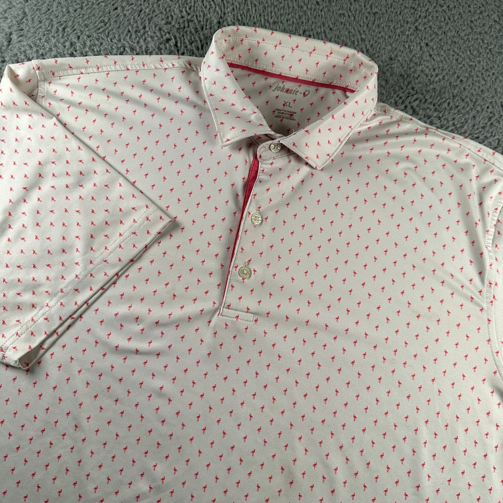 Johnnie-O Polo Shirt‎ Men's XL White Red Flamingo Print Performance